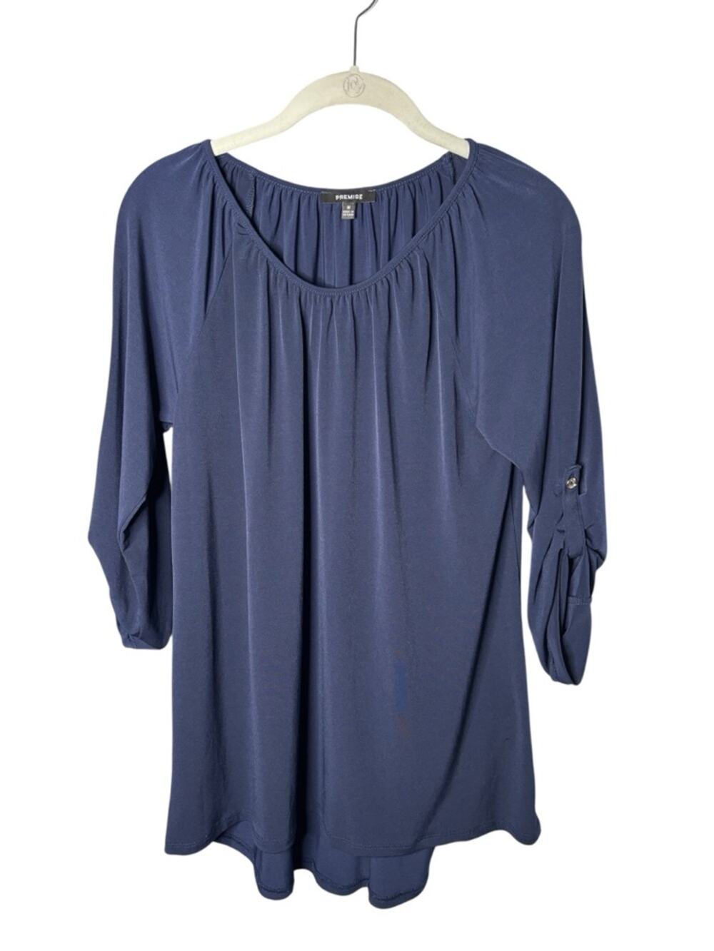 Premise Navy Blue Roll Tab Sleeve Blouse Round Neck Medium